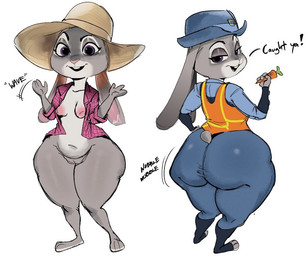anthro big_butt bottomwear bowler_hat breasts butt clothed clothing female genitals half-closed_eyes hat headgear headwear huge_butt long_ears looking_back motion_lines narrowed_eyes nipples pants police police_uniform purple_eyes safety_vest scut_tail shirt short_tail slightly_chubby small_breasts solo standing sun_hat tail text thick_thighs tight_clothing topwear unbuttoned_shirt uniform vest vulva wide_hips navesnor disney zootopia judy_hopps european_rabbit lagomorph leporid mammal oryctolagus rabbit english_text