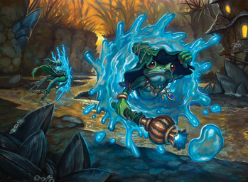 3_toes anthro building cattail_(plant) clothing detailed_background feet green_body hat headgear headwear holding_object holding_staff house jewelry leaf_clothing magic male membrane_(anatomy) outside pendant portal red_eyes river solo staff toes water webbed_feet caio_monteiro hasbro magic:_the_gathering wizards_of_the_coast amphibian frog hi_res official_art