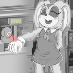 anthro appliance ben_day_dots buckteeth clothing display_fridge dress eyes_closed female fridge gloves handwear kitchen_appliance scanner smile soda_bottle solo teeth text young young_anthro nigazi sega sonic_the_hedgehog_(series) cream_the_rabbit lagomorph leporid mammal rabbit 1:1 black_and_grey english_text monochrome