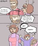 anthro beard big_breasts breasts brown_body brown_hair clothed clothing dialogue facial_hair family female freckles group hair humor lumberjack male male/female simple_background text thecooleralexico_(artist) deer human hybrid mammal comic english_text hi_res signature translated