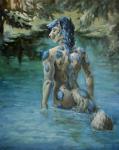 anthro biped blue_body blue_fur blue_hair blue_spots butt forest fur hair lake leaf looking_back male nude painting partially_submerged plant rear_view snow solo spots spring standing tree water white_body white_fur satynapaper victory_(texdot) felid mammal pantherine snow_leopard 2018 hi_res oil_painting_(artwork) painting_(artwork) traditional_media_(artwork)