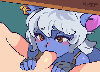 anthro blue_body bodily_fluids cum cum_drip cum_in_mouth cum_inside dripping duo ear_piercing ear_ring ejaculation female female_penetrated genital_fluids genitals kneeling kneeling_and_blow_position kneeling_on_ground kneeling_oral_position kneeling_position kneeling_sex male male/female male_penetrating male_penetrating_anthro male_penetrating_female penetration penis penis_in_mouth piercing ring_piercing sex simple_background spread_legs spreading sonofan animated