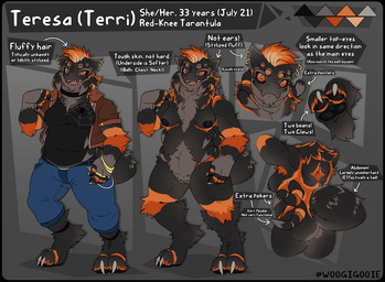 anthro areola black_areola black_body black_border black_nipples border bottomwear breasts claws clothing ear_piercing ear_ring female genitals gold_(metal) gold_ear_ring hair jacket looking_at_viewer multi_eye multicolored_body nipples orange_eyes orange_hair pants piercing pupils ring_piercing slit_pupils solo text toe_claws topwear vulva woogigooie terri_(woogigooie) arachnid arthropod mygalomorph spider tarantula english_text model_sheet