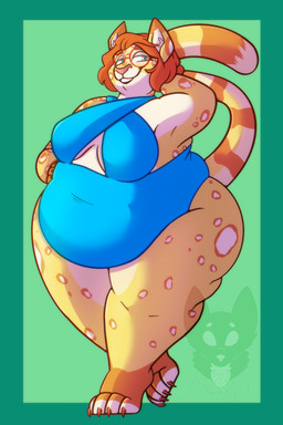 anthro arm_markings barefoot belly big_belly big_breasts biped black_lips blue_clothing blue_swimwear border breasts claws clothed clothed_anthro clothed_female clothing countershade_face countershade_feet countershade_fur countershade_neck countershade_torso countershading ear_markings eyebrows eyewear feet female female_anthro finger_claws fur glasses gloves_(marking) green_background green_border green_eyes hair inner_boob leg_markings leopard_spots lips long_tail markings obese obese_anthro obese_female one-piece_swimsuit open_mouth open_smile orange_claws orange_ears orange_eyebrows orange_markings overweight overweight_anthro overweight_female pink_nose pose pupils raised_tail red_eyewear red_glasses round_glasses short_hair simple_background slit_pupils smile socks_(marking) solo spots spotted_arms spotted_body spotted_ears spotted_face spotted_fur spotted_legs standing striped_markings striped_tail stripes swimwear tail tail_markings teeth thick_thighs toe_claws white_body white_countershading wide_hipped_anthro wide_hipped_female yellow_body yellow_fur strawberrymilkdog felid leopard mammal pantherine 2022 character_request colored hi_res pinup shaded