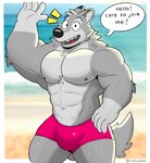 abs anthro barazoku beach biceps biped blurred_background border bulge clothed clothing day dialogue eyebrows fur greeting grey_body grey_fur looking_at_viewer male muscular muscular_anthro muscular_male muscular_thighs navel nipples open_mouth open_smile outside pecs quads sand seaside sky smile solo speech_bubble standing swimming_trunks swimwear tail talking_to_viewer teeth text thick_thighs tongue topless water wet white_border ruffusbleu ruffus_(ruffusbleu) canid canine canis mammal wolf 2023 digital_media_(artwork) english_text hi_res