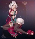 blue_eyes breasts chinese clothing ear_piercing female footwear hair horn legwear piercing platform_footwear platform_shoes shoes stockings white_hair odduckoasis chinese_zodiac year_of_the_goat animal_humanoid bovid bovid_humanoid caprine caprine_humanoid humanoid mammal mammal_humanoid sheep_humanoid