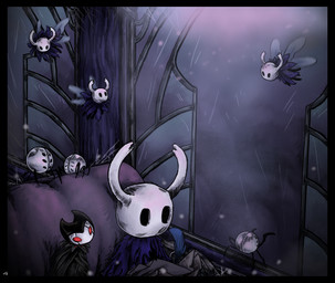 2_horns 6_eyes ambiguous_gender biped black_eyes cloak clothed clothing detailed_background flying group holding_map holding_object holding_quill horn loose_feather map multi_eye quill red_eyes sitting wings cohavmuzar hollow_knight_(franchise) team_cherry grimmchild_(hollow_knight) the_knight_(hollow_knight) arthropod vessel_(species) weaver_(hollow_knight) 2025 hi_res