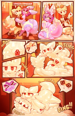 abdl anthro bulge bulge_frottage clothed clothing diaper diaper_fetish duo elevator goo_transformation latex maid_uniform male male/male null_bulge tail transformation transformation_sequence uniform wearing_diaper white_latex latexm4n khloe_prower nystre_(character) canid canine fox mammal absurd_res comic hi_res