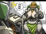 4:3 >_< ambiguous_gender bastion_(overwatch) big_breasts blizzard_entertainment blush bodily_fluids breasts dr.bug duo eyes_closed female horn humanoid machine mammal not_furry omnic orisa_(overwatch) overwatch robot solo_focus sweat third-party_edit