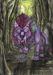 ambiguous_gender armor big_fangs black_nose cave empty_eyes fangs feral front_view fur huge_fangs looking_at_viewer mouth_closed purple_body purple_fur quadruped solo teeth yellow_eyes kola_(artist) felid mammal hi_res painting_(artwork) traditional_media_(artwork) watercolor_(artwork)