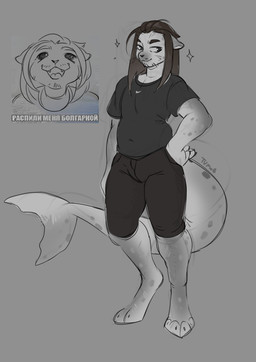 anthro big_tail bottomwear brown_hair bulge clothing fur hair hand_on_hip long_hair male markings seal_tail shirt shorts smile solo sparkles standing tail text topwear white_body white_fur tvmob sulis_(tvmob) aquatic harp_seal mammal pinniped seal absurd_res hi_res sketch