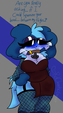 anthro blue_body blue_fur blush breasts cleavage clothed clothing dress female fur legwear multicolored_body multicolored_fur simple_background solo stockings tail chaoticdream frowning_critters mob_entertainment poppy_playtime smiling_critters dogpressed_(poppy_playtime) canid canine mammal