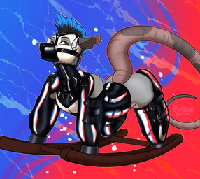 anthro bdsm blue_hair bondage bound fur hair male petplay ponyplay restraints rocking_horse roleplay simple_background solo tail blackblood-queen kalus american_opossum mammal marsupial virginia_opossum absurd_res hi_res