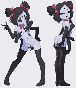5_eyes 6_arms accessory anthro armwear black_sclera boots bow_ribbon bow_tie breasts butt clothing covering covering_crotch covering_nipples covering_self covering_vulva elbow_gloves fangs female flat_chested footwear front_view gloves grey_eyes hair hair_accessory hair_bow hair_ribbon hand_on_hip handwear high_heeled_boots high_heels legwear looking_at_viewer mostly_nude multi_arm multi_eye multi_limb open_mouth open_smile pigtails pose rear_view ribbons seductive shoes short_hair simple_background small_breasts smile solo standing teeth thigh_boots thigh_highs white_background neamo undertale undertale_(series) muffet arachnid arthropod spider aliasing digital_media_(artwork) hi_res