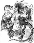 3_toes anthro breasts claws clothing corset fangs feathers feet female group hand_on_hip lace legwear lingerie looking_at_viewer navel nightgown non-mammal_breasts panties smile stockings stripes teeth toe_claws toes topwear underwear predaguy anthrosaurs allosaurid allosaurus archaeopteryx dinosaur prehistoric_species reptile scalie theropod tyrannosaurid tyrannosauroid tyrannosaurus tyrannosaurus_rex 2014 full-length_portrait graphite_(artwork) hi_res monochrome portrait traditional_media_(artwork)