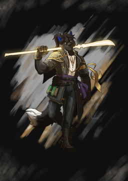 anthro belt black_body black_fur blue_ears book boots clothing footwear fur green_eyes male melee_weapon polearm shirt shoes solo spear topwear weapon white_clothing white_shirt white_topwear hiroshi_(hiroshim) expedition_33 leon_(gh53890) canid canine canis hybrid mammal wolfdog hi_res