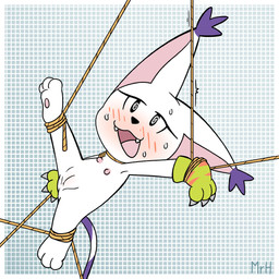 anthro blush bound claws clothing eyelashes female fur genitals gloves handwear looking_at_viewer nipples nude open_mouth restraints simple_background smile solo spreading suspension tail vulva white_body white_fur mr_harinezumi bandai_namco digimon bianc_(el_senor_erizo) digimon_(species) felid gatomon mammal 1:1 absurd_res hi_res