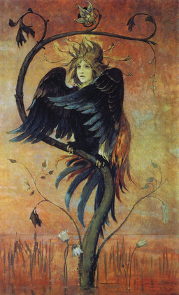 3_toes animal_legs black_body black_feathers black_wings branch claws feathered_wings feathers feet female female_feral feral flower hair human_faced_feral humanoid_face long_feathers on_branch orange_sky outside plant sky solo tail tail_feathers tan_hair toe_claws toes wild_hair wings viktor_vasnetsov european_mythology mythology public_domain slavic_mythology gamayun avian 1898 19th_century ancient_art formal_art hi_res oil_painting_(artwork) painting_(artwork) traditional_media_(artwork) traditional_painting_(artwork)