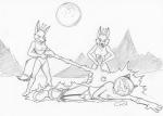 anthro astronaut briefs clothing female group laugh male ranged_weapon raygun trio underwear weapon y-fronts cirruskitfox misha_(gammaeradon) alien canid canine mammal monochrome traditional_media_(artwork)