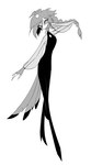 anthro black_clothing black_dress braided_hair braided_ponytail clothing crown dress female hair headgear holding_hair long_hair looking_sideways ponytail simple_background solo standing touching_hair walking white_background helluva_venti helluva_boss octavia_(helluva_boss) avian bird owl owl_demon full-length_portrait hi_res monochrome portrait