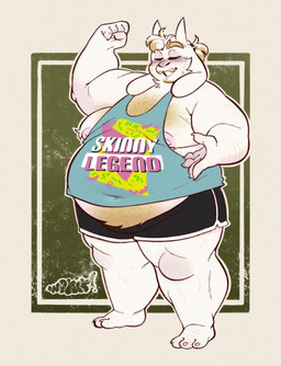 anthro arm_hair belly big_belly blush body_hair bottomwear clothing eyes_closed facial_hair feet flexing floppy_ears front_view hair happy_trail horn long_ears male moobs navel_outline nipples overweight overweight_male ponytail raised_arm shirt shorts simple_background smile solo standing tank_top thick_thighs topwear katwomp undertale undertale_(series) asriel_dreemurr boss_monster_(undertale) hi_res