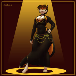 anthro big_muscles big_pecs clothing dress eyewear femboy glasses male muscular pecs solo thick_thighs twunk wide_hips heikidraws hollow_hip_backless_chain_dress heiki_(heikidraws) canid canine fox mammal 1:1 absurd_res hi_res