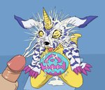 animal_skin anthro bodily_fluids claws cum cum_on_body cum_on_face cum_on_ground duo eyes_closed feral genital_fluids genitals horn male male/male open_mouth penis pink_claws yellow_body p.v.su bandai_namco digimon digimon_(species) gabumon human mammal scalie hi_res