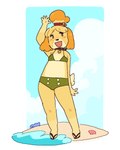 anthro beach bell_hair_tie bikini blush clothing collar countershading female flip_flops footwear fur gesture hair_up happy nipples sandals seashell seaside shell shoes solo standing swimwear tail two-piece_swimsuit waving yellow_body yellow_fur kewpiekills animal_crossing nintendo isabelle_(animal_crossing) canid canine canis domestic_dog mammal shih_tzu toy_dog 2023 hi_res