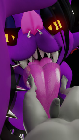 anthro big_breasts big_tongue bodily_fluids bra bracelet breasts clothing duo faceless_character faceless_male facial_piercing female genitals jewelry larger_female macro male male/female micro mouth_shot nose_piercing open_mouth oral_vore penis perspective_shot piercing purple_body saliva size_difference smaller_male spiked_bra spiked_bracelet spikes teeth tongue underwear vore yellow_eyes peppermintypony vonvivianov_(modeler) von_bat_(vonvivianov) bat mammal 3d_(artwork) 4k 9:16 absurd_res digital_media_(artwork) hi_res