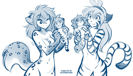 5_fingers antenna_hair anthro arm_tuft biped breasts casual_nudity dipstick_ears dipstick_tail duo ear_markings elbow_tuft eyes_closed featureless_breasts featureless_crotch female fingers front_view fur hair holding_object holding_plushie markings multicolored_ears navel nude nude_anthro nude_female plushie simple_background smile social_nudity spots spotted_body spotted_fur spotted_markings spotted_tail standing striped_body striped_fur striped_markings striped_tail stripes tail tail_markings teeth tuft white_background conditional_dnp tom_fischbach twokinds flora_(twokinds) kathrin_vaughan canid canine canis felid hybrid keidran mammal pantherine snow_leopard tiger wolf 2026 7:4 blue_and_white digital_drawing_(artwork) digital_media_(artwork) hi_res monochrome sketch
