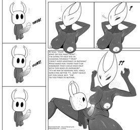 2_horns 6_panel_comic areola balls big_breasts biped black_eyes black_text bodily_fluids breasts dialogue duo ellipsis empty_eyes erection exclamation_point eyebrows eyelashes eyes_closed female genital_fluids genitals glans hands_behind_head hollow_eyes horn humanoid_genitalia humanoid_penis looking_at_another male male/female motion_lines nipples nude oblivious penis precum question_mark simple_background sitting sound_effects speech_bubble standing sweat sweatdrop talking_to_another text vein veiny_penis vulva bananapantsu8 hollow_knight_(franchise) team_cherry hornet_(hollow_knight) the_knight_(hollow_knight) arachnid arthropod spider vessel_(species) 2026 absurd_res comic english_text hi_res monochrome