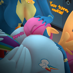 animal_ears anthro anthrofied bent_over big_breasts big_butt blue_body blue_clothing breasts butt clothed clothing cutie_mark detailed_background dialogue faceless_character feathered_wings feathers female group huge_butt inside locker_room nude oral orange_body stinkface tail text trio wings yellow_body purplefondue friendship_is_magic hasbro my_little_pony mythology rainbow_dash_(mlp) scootaloo_(mlp) spitfire_(mlp) wonderbolts_(mlp) equid equine mammal mythological_creature mythological_equine pegasus 3d_(artwork) digital_media_(artwork) hi_res