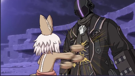5_fingers ambiguous_gender anthro armor clenched_teeth clothed clothing detailed_background duo fight fingers fur hair headgear helmet looking_at_another male music punch standing tail tan_body tan_fur teeth whistle_(object) whistle_around_neck white_hair smugbuns sound_warning konami made_in_abyss metal_gear metal_gear_rising:_revengeance platinumgames standing_here_meme bondrewd nanachi human lagomorph mammal narehate 16:9 2023 animated long_playtime meme sound video widescreen