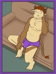 3:4 anthro barefoot bovid bovine briefs briefs_only brown_eyes brown_hair bull_frat_dude_(fuze) cattle clothed clothing feet furniture fuze hair hand_behind_head hi_res male mammal navel nipples on_sofa purple_briefs purple_clothing purple_underwear sitting smile sofa solo topless underwear underwear_only