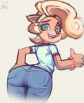 anthro big_butt blonde_hair bottomwear breasts butt butt_pose clothing denim denim_bottomwear denim_clothing female gesture green_eyes hair hand_gesture jeans looking_at_viewer looking_back looking_back_at_viewer low-angle_view open_mouth open_smile pants pose rear_view shirt simple_background smile solo teeth thumbs_up topwear zaqnon activision crash_bandicoot_(series) coco_bandicoot bandicoot mammal marsupial 2023 hi_res signature