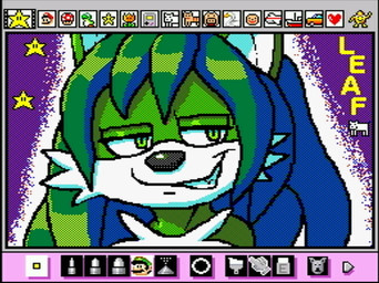 anthro green_body green_eyes green_hair grin grinning_at_viewer hair male purple_background simple_background smile smiling_at_viewer solo star rodricoro mario_paint nintendo fan_character canid canine canis domestic_dog mammal digital_media_(artwork) dithering headshot_portrait mario_paint_(artwork) portrait