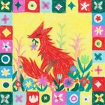 ambiguous_gender button_(fastener) eyes_closed feral flower fur holding_flower holding_object holding_object_in_mouth pink_flower plant red_body red_fur simple_background sitting solo tail yellow_background snackpony canid canine fox mammal colored_pencil_(artwork) hi_res marker_(artwork) traditional_media_(artwork)