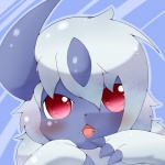 abstract_background ambiguous_form ambiguous_gender blush claws looking_at_viewer open_mouth red_eyes simple_background solo teeth tongue tongue_out okunawa nintendo pokemon absol generation_3_pokemon pokemon_(species) 1:1