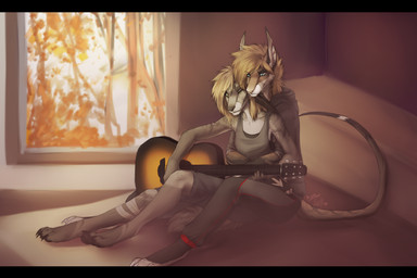 acoustic_guitar anthro black_bars clothed clothing duo female guitar holding_musical_instrument holding_object inside musical_instrument playing_guitar playing_music plucked_string_instrument sitting smile string_instrument nelly63 felid mammal 3:2 digital_media_(artwork) hi_res letterbox shaded