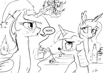 blush drunk feathered_wings feathers female feral group holidays horn substance_intoxication text wings silfoe christmas friendship_is_magic hasbro my_little_pony mythology princess_celestia_(mlp) princess_luna_(mlp) twilight_sparkle_(mlp) equid equine mammal mythological_creature mythological_equine winged_unicorn 2015 english_text monochrome