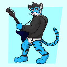 anthro bass_guitar black_hair blue_body blue_fur briefs clothing colored_seam_briefs fur guitar hair hoodie hoodie/briefs_meme male musical_instrument plucked_string_instrument simple_background smile solo standing string_instrument topwear underwear bezzeroo cobalt_tiger felid mammal pantherine tiger 1:1 absurd_res hi_res meme