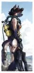 air_tank anthro belt black_hair breasts butt butt_pose clothing cloud ears_up female fur furgonomics gloves hair handwear knife mask multicolored_body multicolored_fur outside pose red_eyes scuba sky solo standing swimming_fins two_tone_body two_tone_fur water wetsuit darbaras elise_heider belgian_shepherd canid canine canis domestic_dog herding_dog mammal pastoral_dog sheepdog hi_res