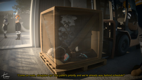 ambiguous_gender anthro arms_tied bdsm black_latex blindfold bodysuit bondage bound box breasts clothing container dialogue female forklift fur group hair in_box in_container latex latex_bodysuit latex_clothing latex_skinsuit legs_tied multicolored_bodysuit multicolored_clothing multicolored_skinsuit muzzle_(object) muzzled restraints rope rope_bondage skinsuit tail text tight_clothing trio two_tone_bodysuit two_tone_clothing two_tone_skinsuit white_body white_fur white_hair white_latex tavvy_tav selin_malianis canid canine canis mammal wolf 16:9 2025 3d_(artwork) digital_media_(artwork) english_text hi_res widescreen