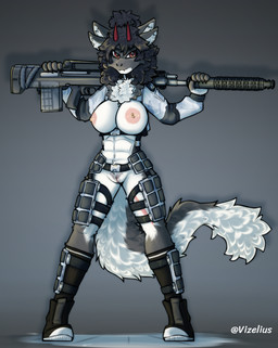 4_ears abs anthro areola athletic athletic_female camo clothed clothing collar female fluffy fluffy_tail fur genitals gun horn military_uniform multi_ear neck_tuft oto_outfit partially_clothed pubes ranged_weapon rifle scar silencer solo tail tail_tuft tuft uniform vulva weapon vizelius mythology dragon furred_dragon furred_scalie mythological_creature mythological_scalie scalie hi_res