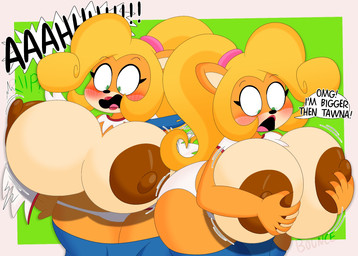 abstract_background accessory anthro areola big_areola big_breasts big_butt blonde_hair blush blush_lines bouncing_breasts breast_awe breast_expansion breasts brown_areola bursting_breasts bursting_out_of_clothing butt butt_jiggle clothing curvy_figure dark_areola expansion eyelashes female fingers flustered fur green_eyes hair hair_accessory hair_tie hand_on_breast holding_breast huge_breasts huge_hips huge_thighs hyper hyper_breasts jiggling lipstick long_hair makeup motion_lines multicolored_body multicolored_fur nipples open_mouth orange_body orange_fur overalls panties ponytail red_lipstick shirt shocked simple_background solo speech_bubble t-shirt tan_body tan_fur text thick_thighs topwear torn_clothing two_tone_body two_tone_fur underwear voluptuous voluptuous_anthro voluptuous_female wardrobe_malfunction white_clothing white_panties white_shirt white_t-shirt white_topwear white_underwear wide_eyed wide_hipped_anthro wide_hipped_female wide_hips 3barts activision crash_bandicoot_(series) coco_bandicoot bandicoot mammal marsupial digital_drawing_(artwork) digital_media_(artwork) english_text hi_res