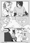 anthro cosplay dialogue eyelashes eyewear fangs female glasses group hair lying male markings mole_(marking) nipples nude paw_pose ponytail pose smile speech_bubble teeth text trio fefece capcom darkstalkers alfred_(fefece) felicia_(darkstalkers) gigi_(fefece) prudy_(fefece) bernese_mountain_dog canid canine canis domestic_dog felid giraffe giraffid mammal molosser mountain_dog pantherine prehistoric_species saber-toothed_tiger swiss_mountain_dog black_and_white comic english_text hi_res monochrome