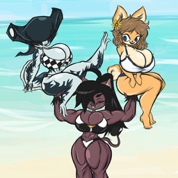 abs anthro beach biceps big_breasts black_body black_fur blue_eyes blush breasts brown_body brown_fur brown_hair cleavage clothed clothed_anthro clothed_female clothing countershade_face countershade_torso countershading day eyelashes eyeless eyewear female fur glasses group hair hand_on_hip holding_another huge_breasts inner_ear_fluff looking_at_another muscular muscular_anthro muscular_female open_mouth open_smile quads sand seaside sky smile swimwear tail teacher text trio tuft two-piece_swimsuit wearing_glasses thedrown1 june_(jinu) alien alien_humanoid canid canine canis domestic_dog humanoid mammal shiba_inu spitz suid suine sus_(pig) wild_boar 1:1 2019 digital_drawing_(artwork) digital_media_(artwork) english_description english_text hi_res portrait three-quarter_portrait