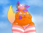 anthro bell bell_collar big_breasts bikini breasts bulge clothing collar eyewear flower_on_head footwear freckles frilly frilly_clothing frilly_underwear glasses gynomorph intersex legwear low-angle_view musk overweight panties pattern_clothing smug socks solo striped_clothing stripes swimwear thick_thighs thigh_highs tight_clothing two-piece_swimsuit underwear nanabsylve nintendo pokemon eeveelution espeon flareon generation_1_pokemon generation_2_pokemon pokemon_(species) hi_res