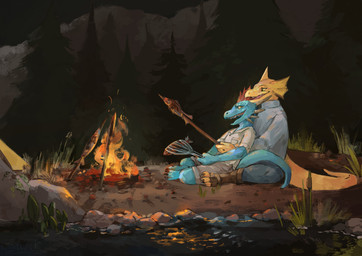 ambiguous_gender anthro black_claws blue_body blue_scales bottomwear campfire claws clothing duo feathered_crest feathers female food footwear grass green_eyes head_crest holding_object holding_stick horn impalement looking_at_another looking_at_partner looking_back looking_back_at_another looking_back_at_partner looking_forward meat mountain night open_mouth outside plant reclining red_body red_feathers reflection roasting rock scales shirt shorts sitting stick tail toeless_footwear topwear tree water yellow_body yellow_eyes yellow_scales babanasaur mythology space_station_13 shatalg-wuja_(leon962) aquatic dragon fish mythological_creature mythological_scalie reptile scalie unathi 2021 digital_media_(artwork) hi_res signature