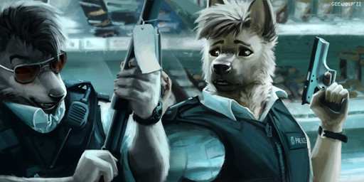 anthro clock clothing duo electronics eyewear fur gun hair handgun holding_gun holding_object holding_ranged_weapon holding_weapon inside label loading_gun looking_at_another male pointy_ears police police_uniform prick_ears radio ranged_weapon shelf shotgun store sunglasses uniform watch weapon wearing_sunglasses wristwatch geewolf hot_fuzz danny_butterman nicholas_angel canid canine canis domestic_dog german_shepherd herding_dog mammal pastoral_dog wolf 2022 digital_media_(artwork) hi_res